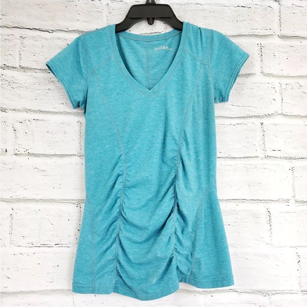 Z by Zella Workout Short Sleeve Shirt Solid Blue Women Teal Rouched size Large